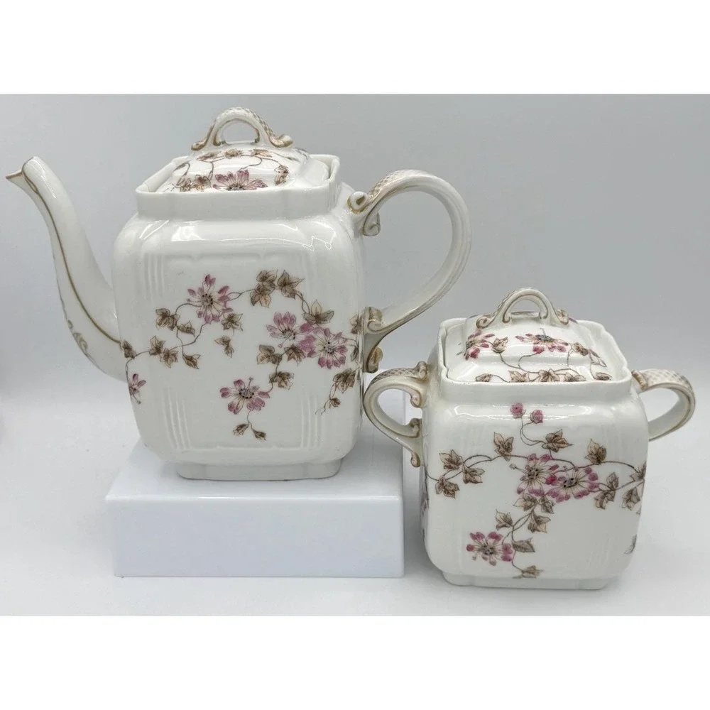 Haviland Limoges Porcelain Teapot and Covered Sugar Bowl Schleiger 373 EUC